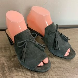 Women's KARL LAGERFELD Gray Suede HOLLY Peep Toe TASSEL Bow DESIGNER Mules SHOES